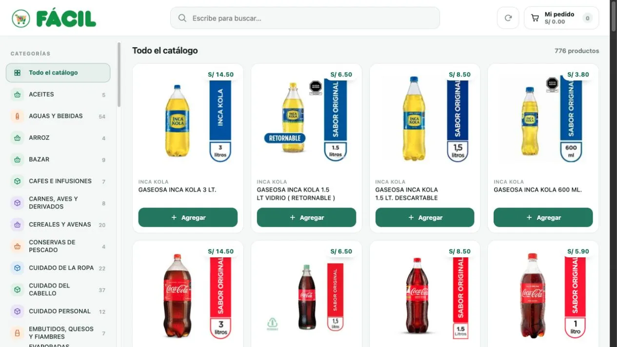 Captura del catálogo virtual real de Fácil Market Delivery con categorías, productos, precios y botones para agregarlos al pedido